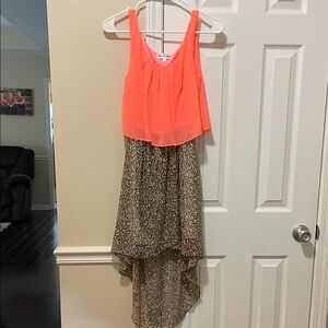 Coral and Leopard Print High-Low Dress